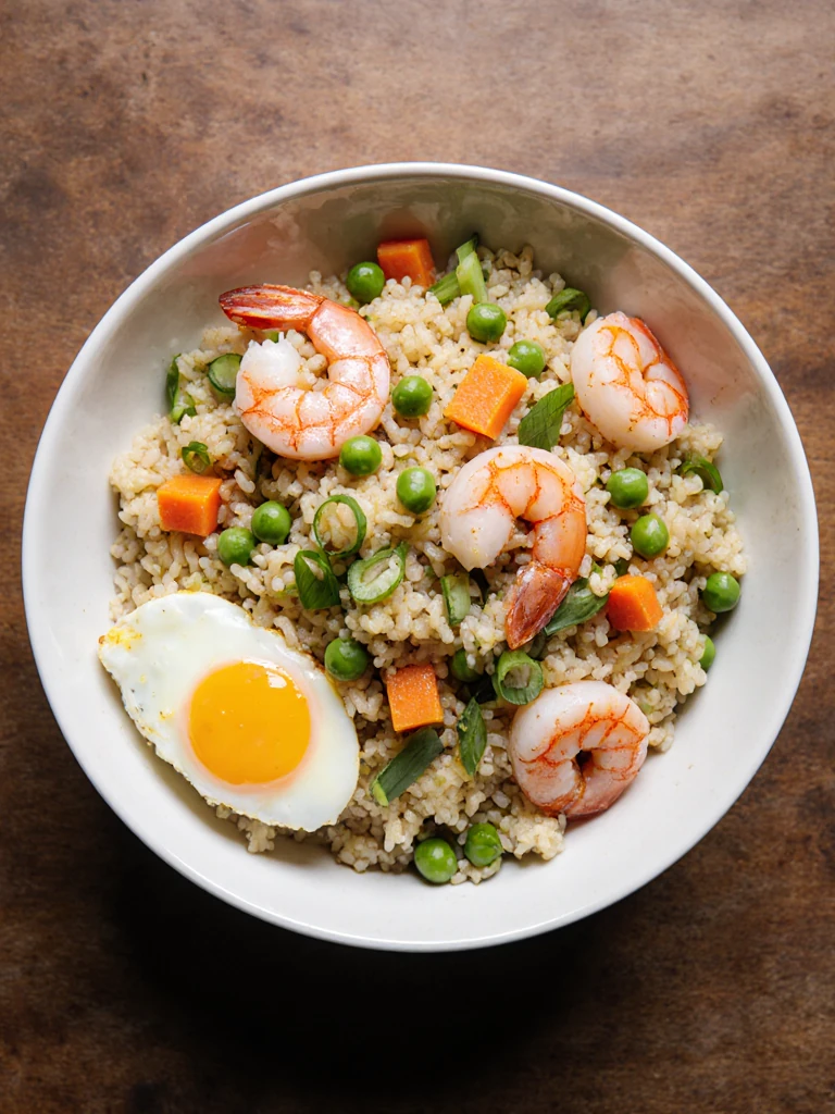 Shrimp cauliflower fried rice in a white ceramic bowl with peas, carrots, and green onions overhead view