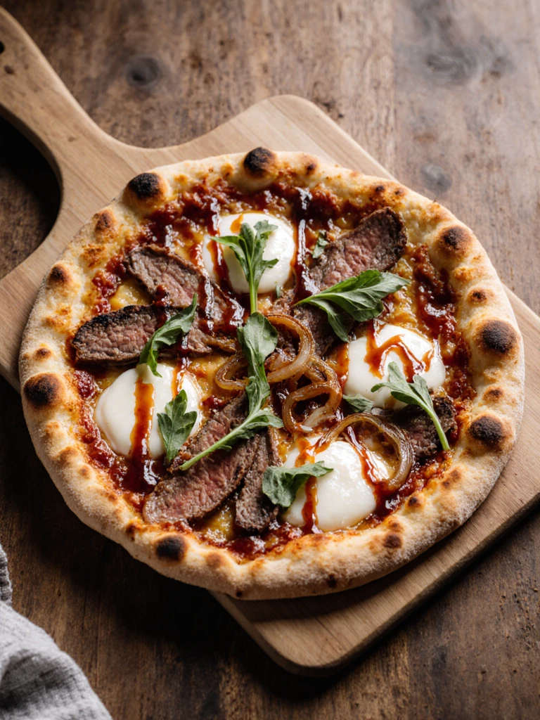 Smoked brisket BBQ pizza on a stone board with caramelized onions, mozzarella, and fresh arugula