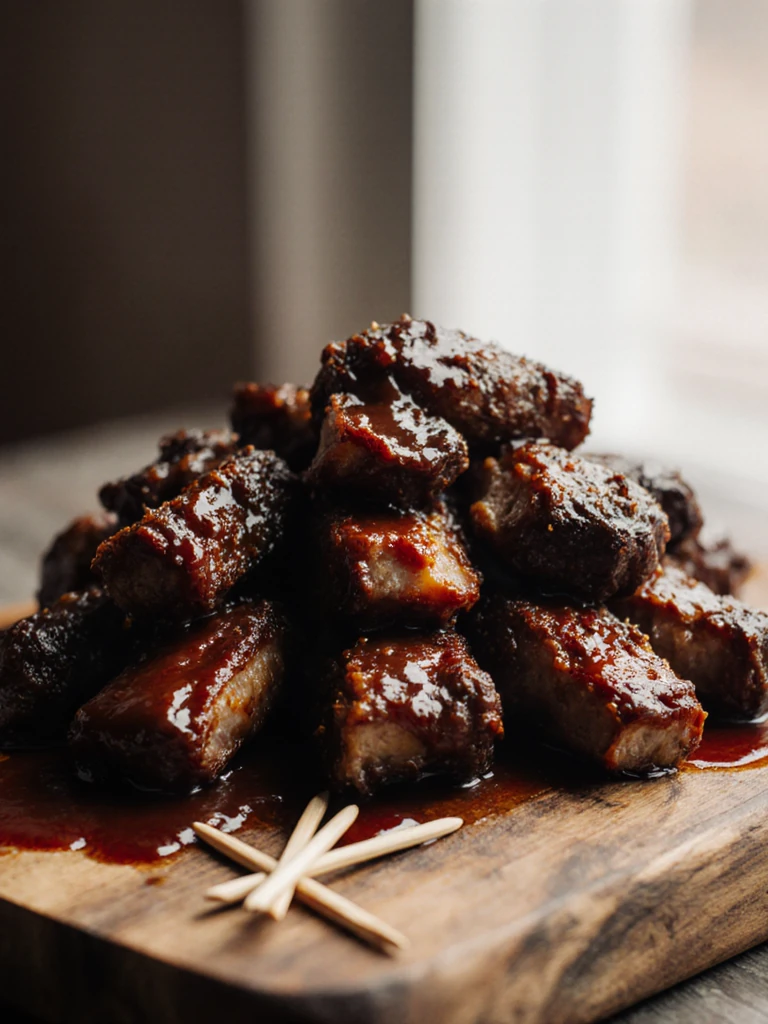 Smoked brisket burnt ends glazed in sticky BBQ sauce on a wooden serving board with toothpicks