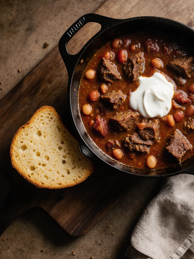 Smoked brisket chili in a deep cast iron pot with cornbread on the side, overhead view
