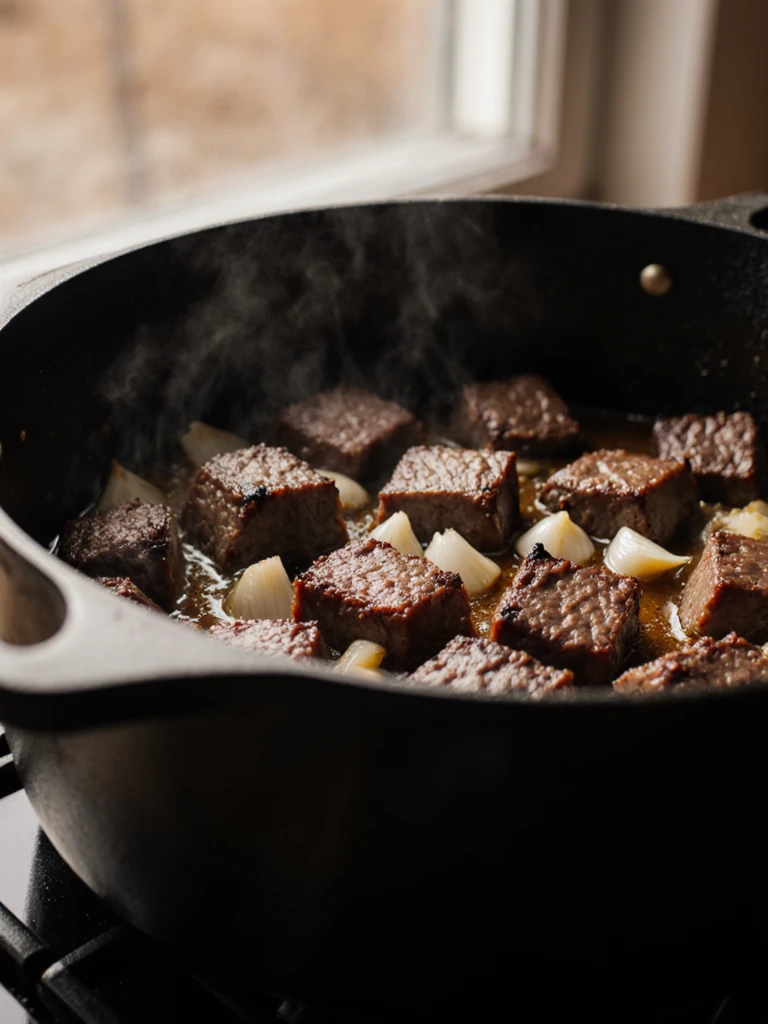 Smoked brisket cubes browning in a Dutch oven with onions and garlic, side angle close-up
