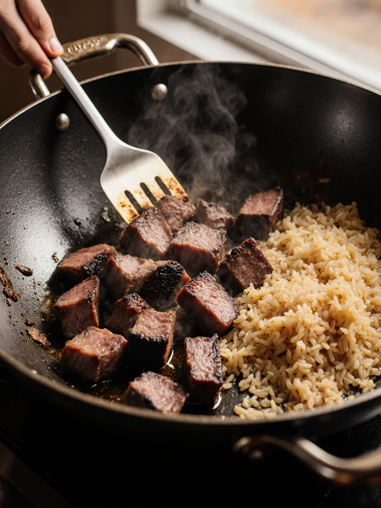 Chopped smoked brisket with bark crust searing in a hot wok alongside rice, steam and char visible