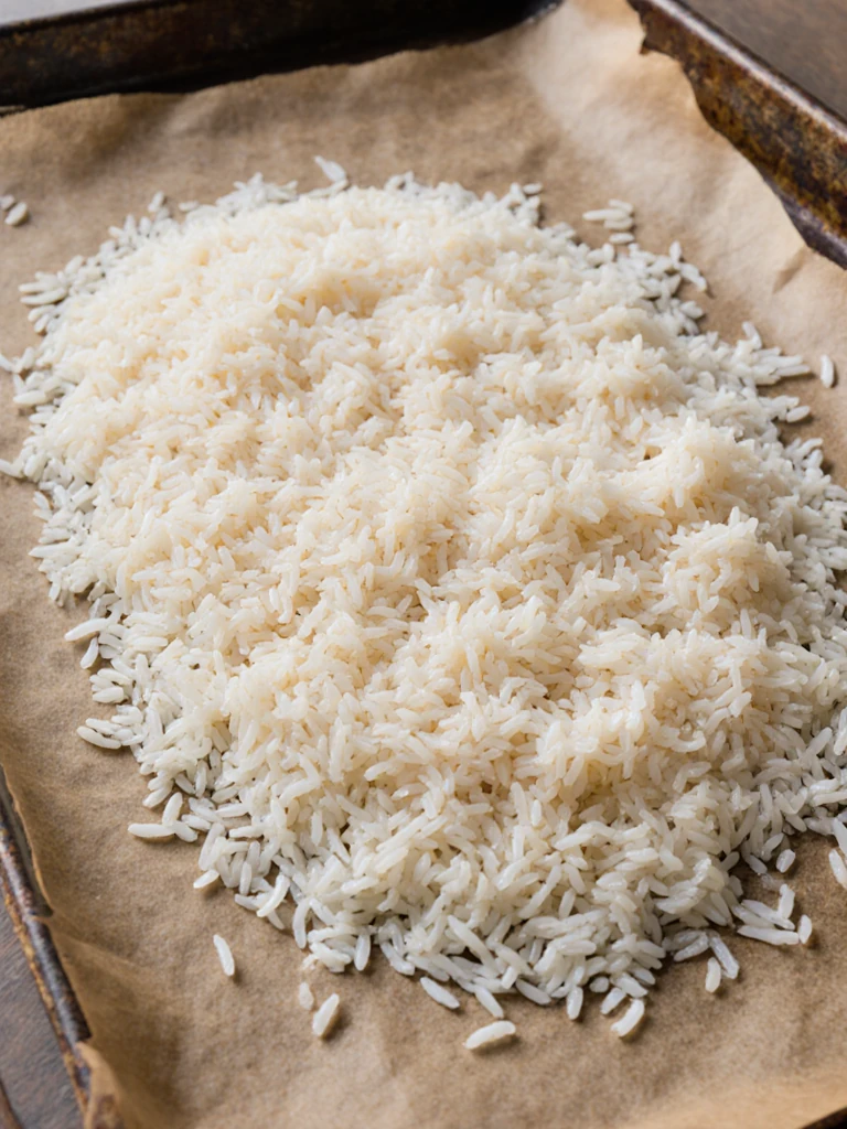 Day-old cooked white rice spread flat on a parchment-lined baking sheet, dried and separated for fried rice