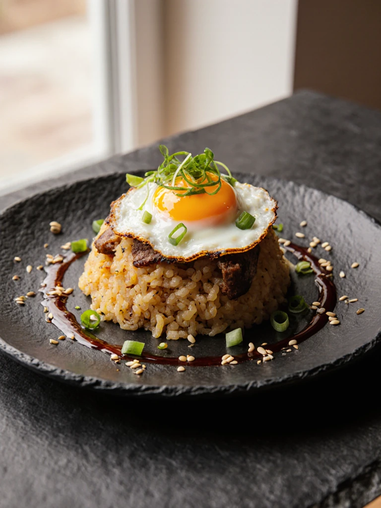 Plated smoked brisket fried rice with fried egg on top, green onions, sesame seeds, and a drizzle of chili oil on a dark slate plate