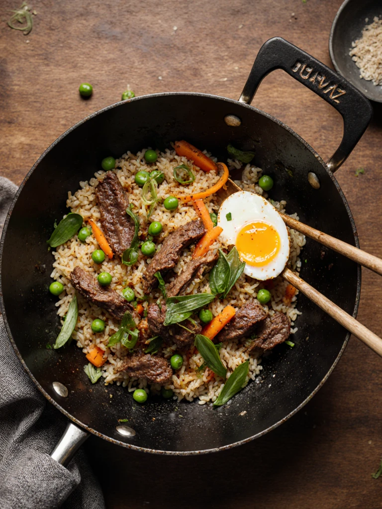 Smoked brisket fried rice in a wok with scrambled egg, peas, and scallions, overhead shot