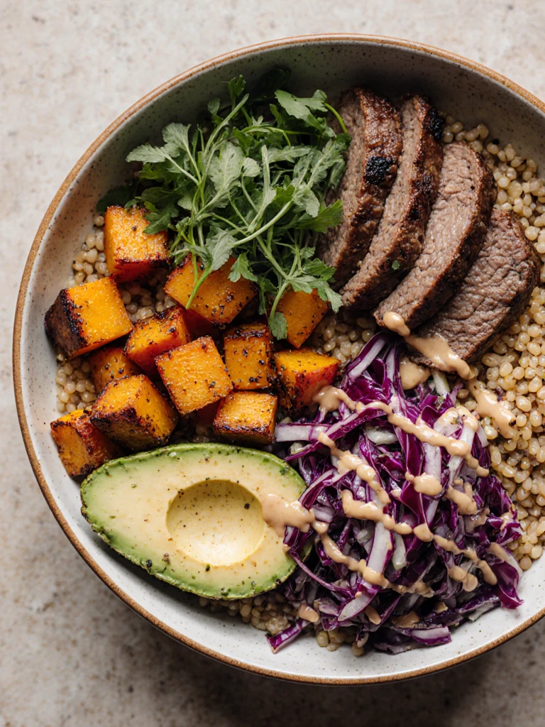 Smoked brisket grain bowl with farro, roasted vegetables, tahini drizzle, and microgreens