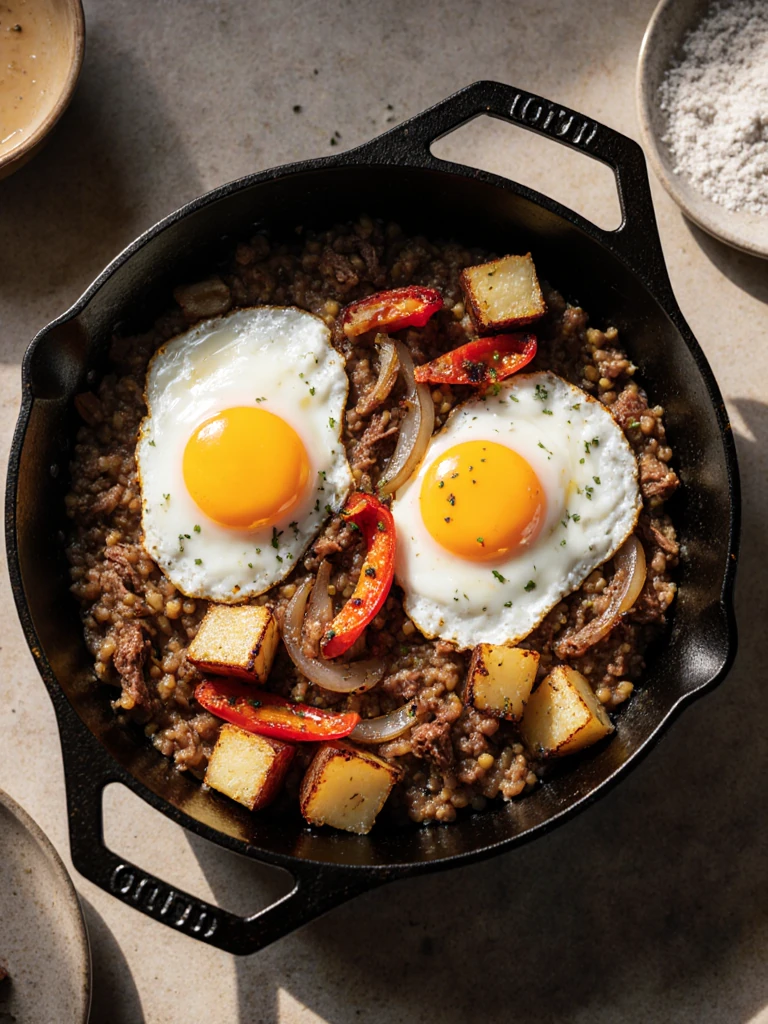 Smoked brisket hash in a skillet with fried eggs and roasted peppers on a rustic surface