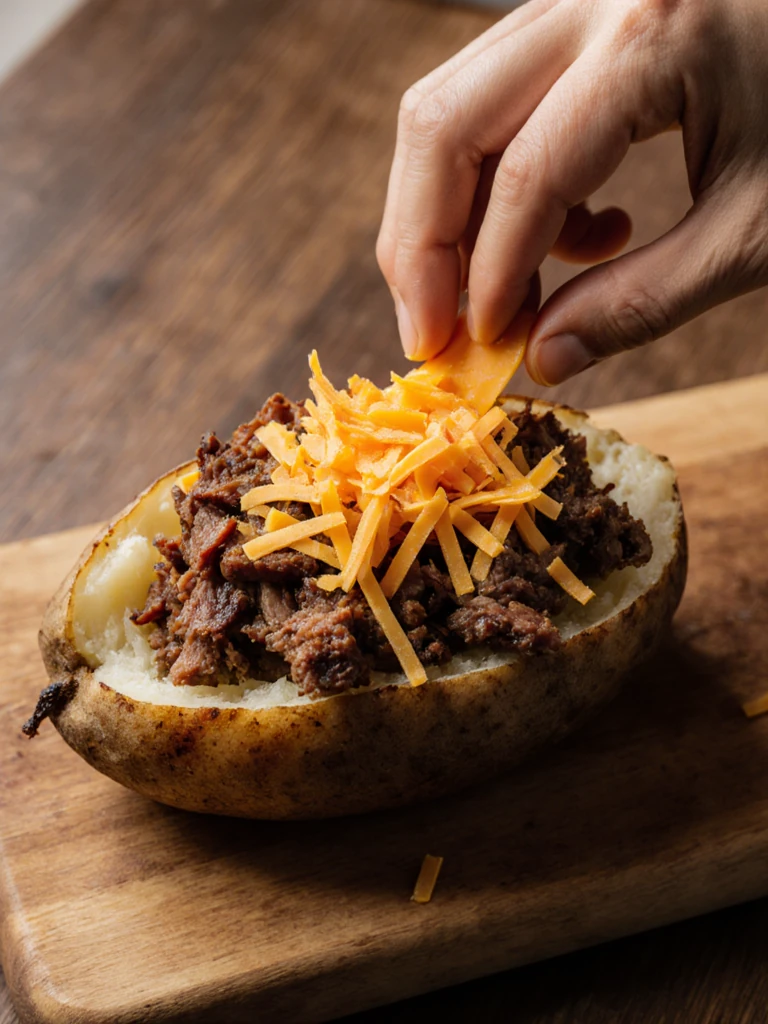 Hands building a loaded baked potato, layering shredded cheddar cheese over chopped smoked brisket in a split russet
