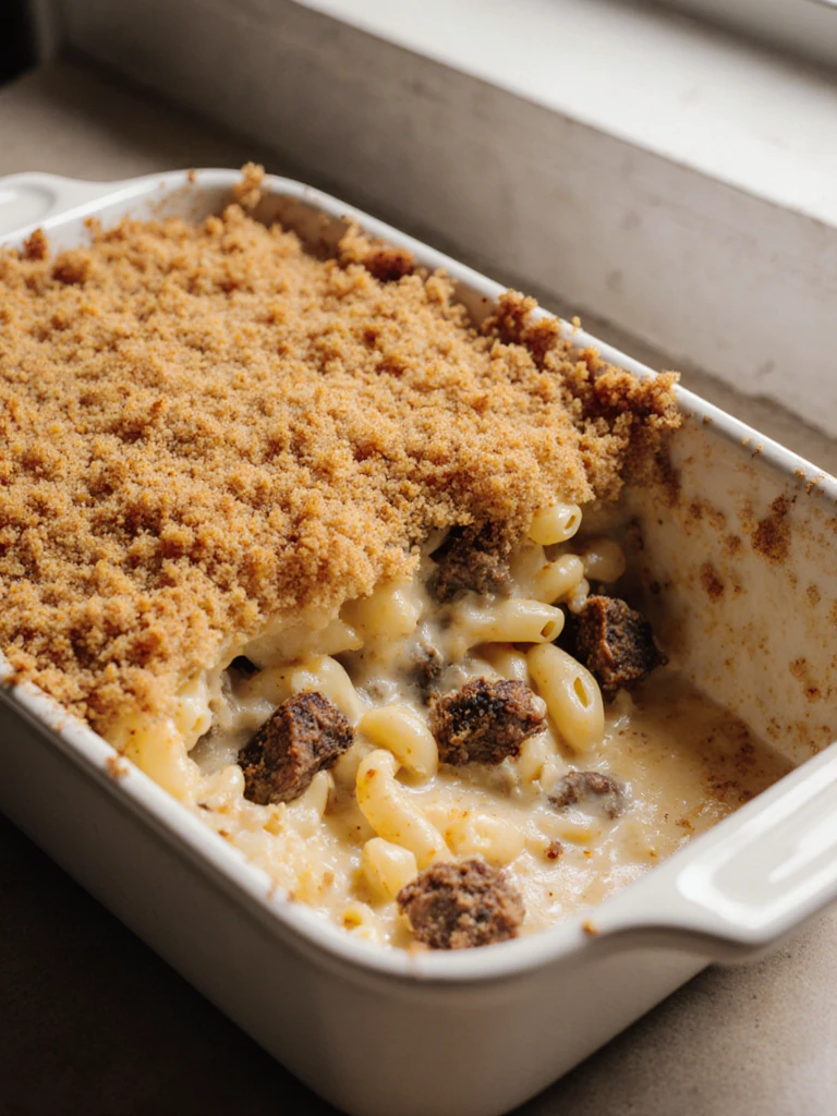 Smoked brisket mac and cheese in a white baking dish with a golden breadcrumb crust