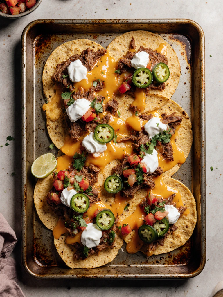 Smoked brisket nachos loaded with cheese, jalapeños, sour cream, and pico de gallo on a sheet pan