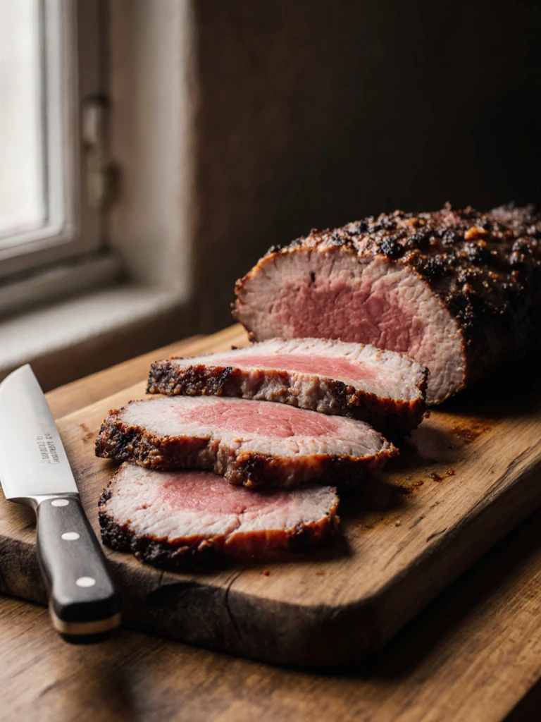 Thinly sliced smoked brisket on a wooden cutting board showing smoke ring, ready to be placed in pho bowls