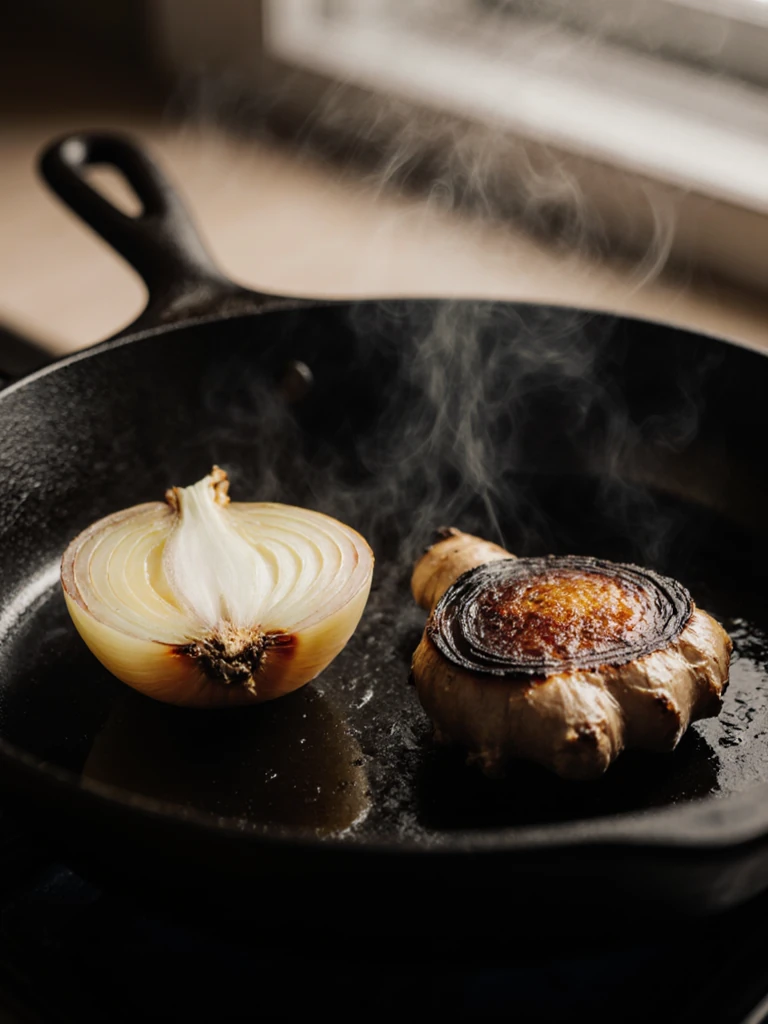 Halved onion and ginger knob charring cut-side down in a cast iron skillet until deeply browned
