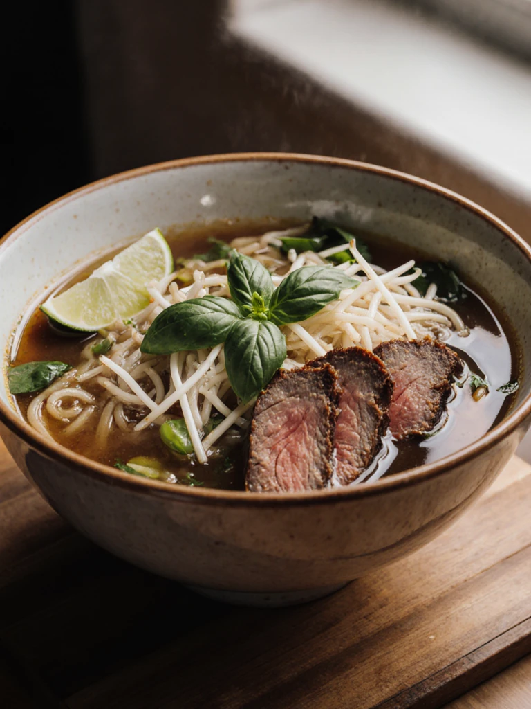 Smoked brisket pho soup bowl with rice noodles, bean sprouts, and fresh herbs in a deep bowl