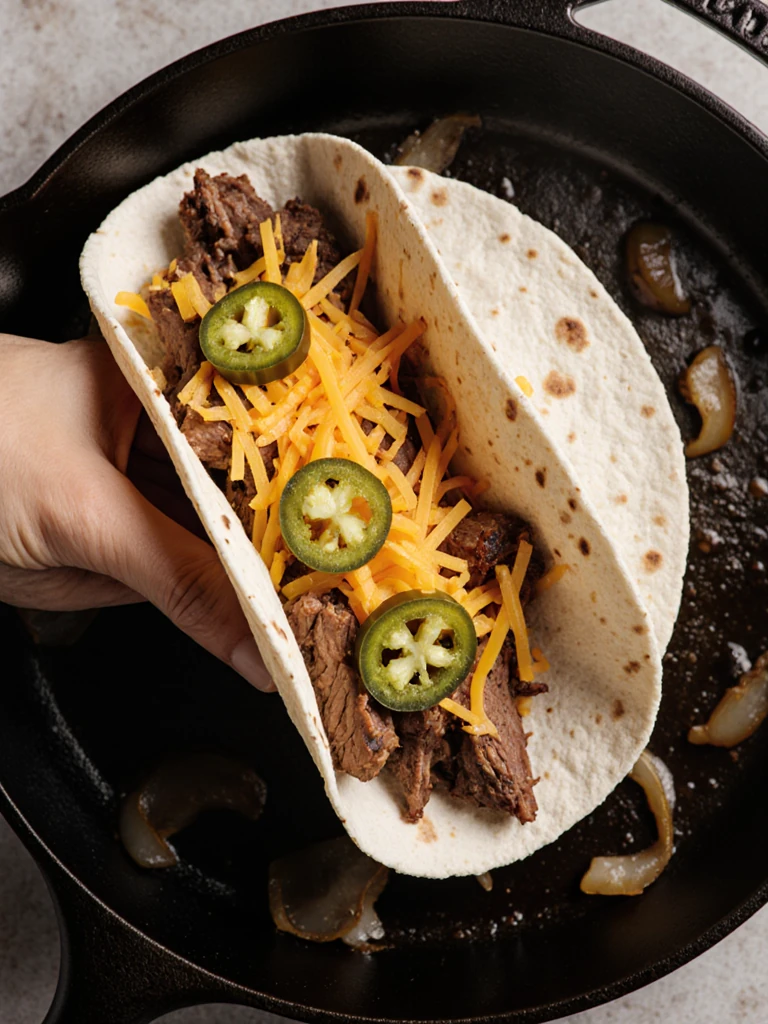 Quesadilla assembly with brisket and cheese layered on a flour tortilla on a cast iron skillet