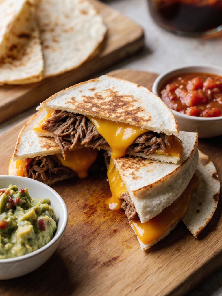 Smoked brisket quesadillas sliced into wedges on a wooden board with guacamole and salsa dips