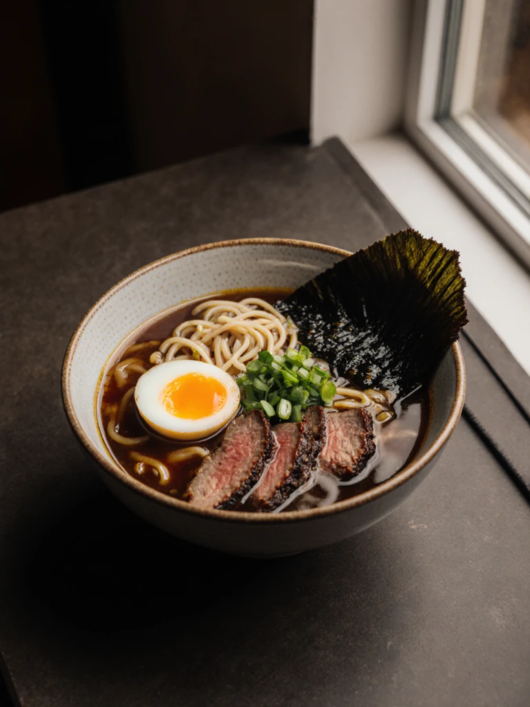 Smoked brisket ramen bowl with soft-boiled egg, noodles, and scallions in a deep ceramic bowl