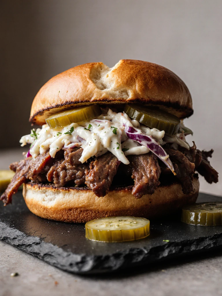 Smoked brisket sandwich piled high on a brioche bun with coleslaw on a slate board