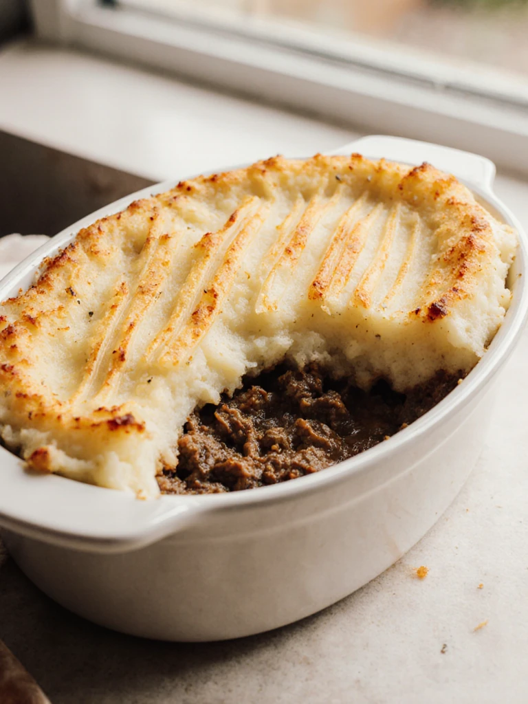 Smoked brisket shepherd's pie with golden mashed potato topping in an oval baking dish