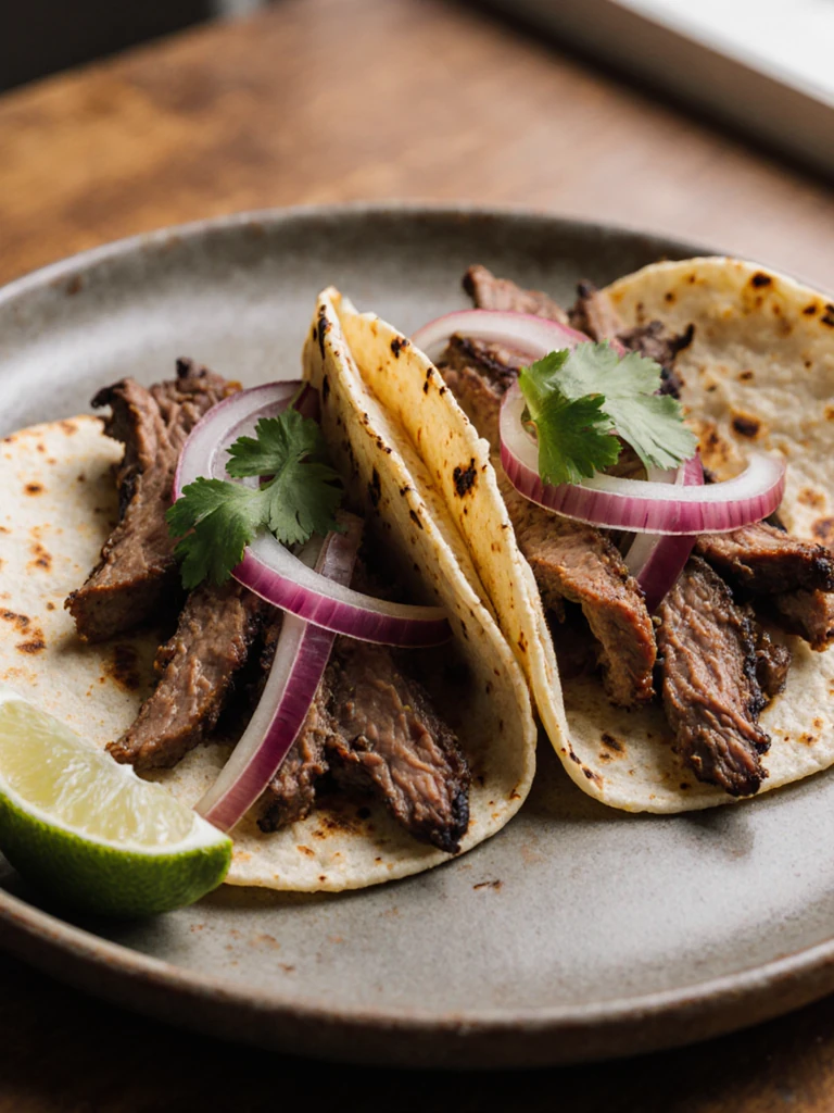 Two smoked brisket tacos in corn tortillas garnished with pickled red onions and cilantro on a ceramic plate with a lime wedge