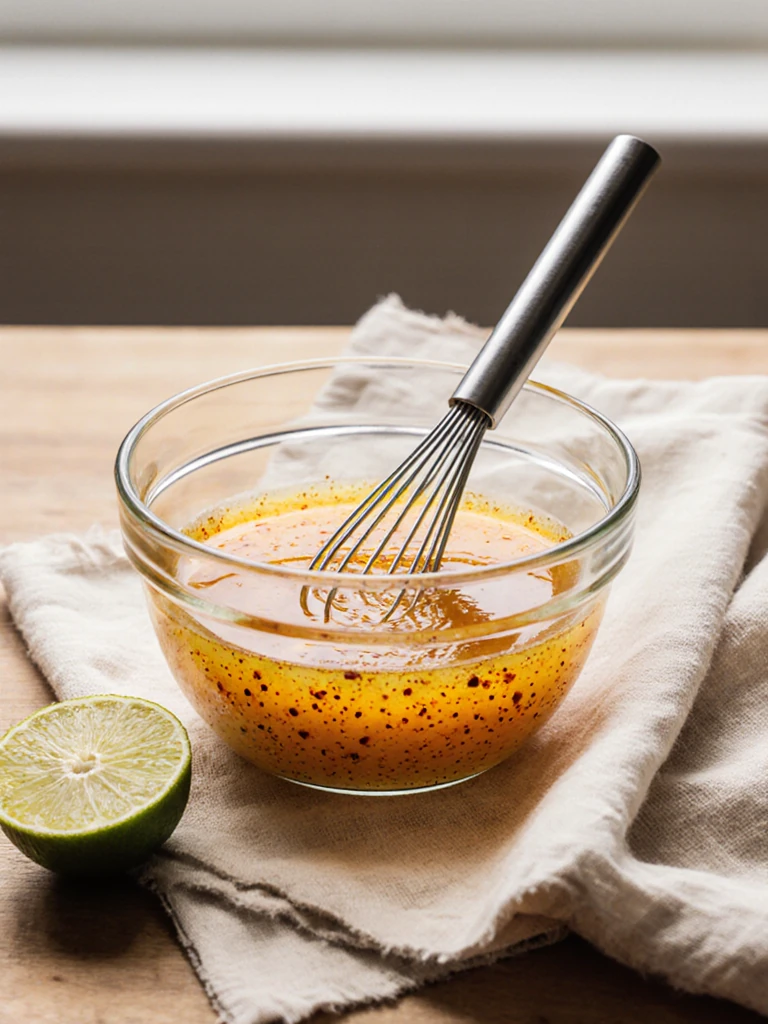 Chili lime dressing being whisked in a small glass bowl with lime juice, olive oil, and spices on a linen cloth