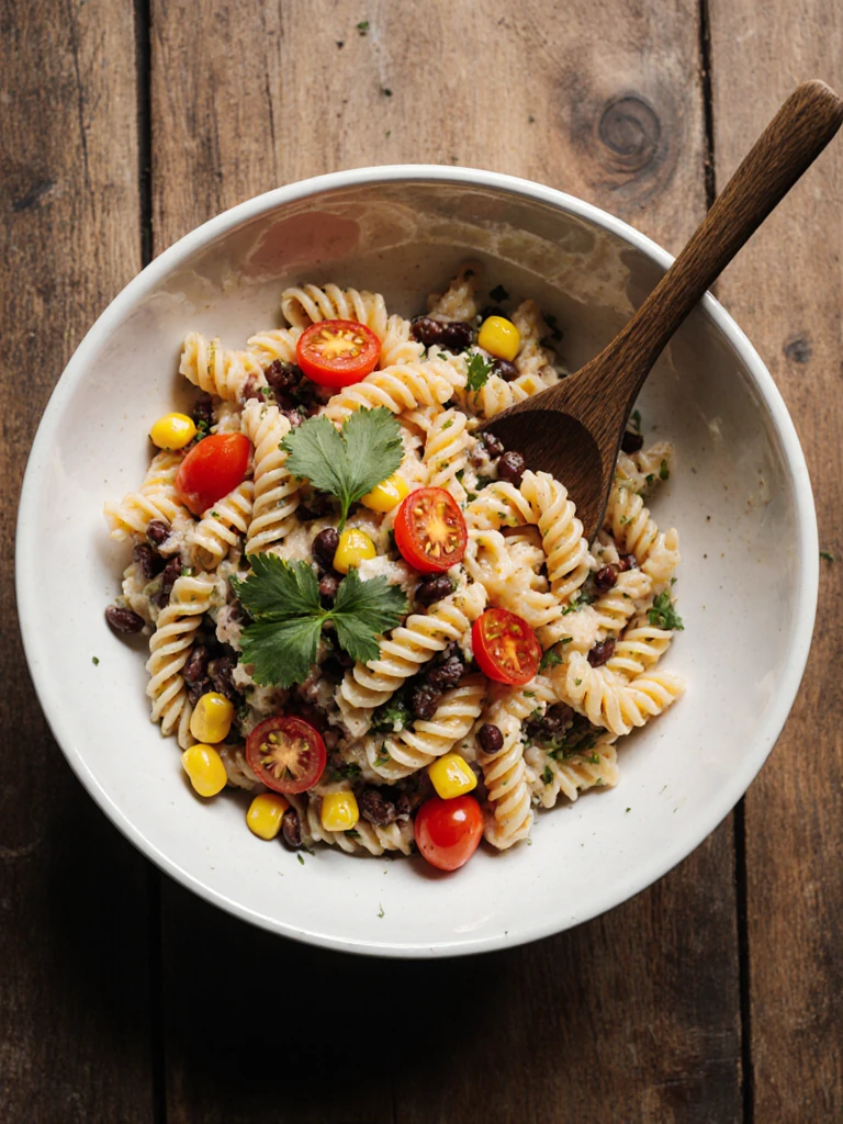 Overhead view of southwest pasta salad in a large bowl with a wooden serving spoon on a rustic table