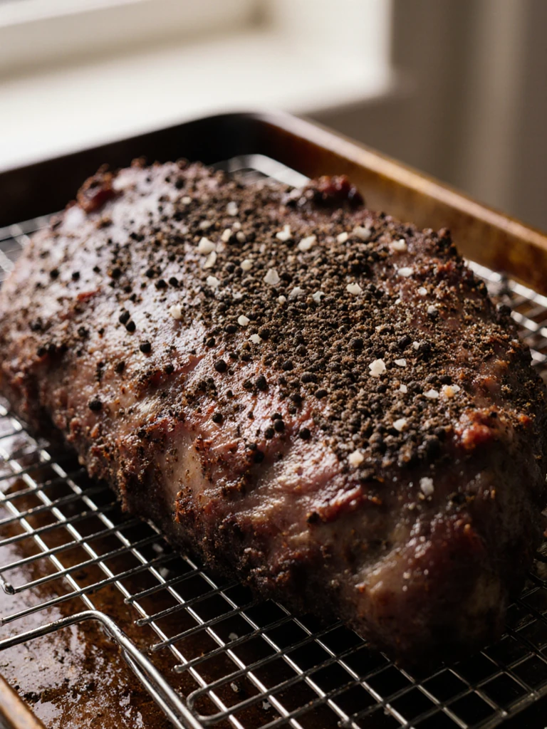 Seasoned brisket with coarse salt and black pepper rub resting on a wire rack over a baking sheet before smoking