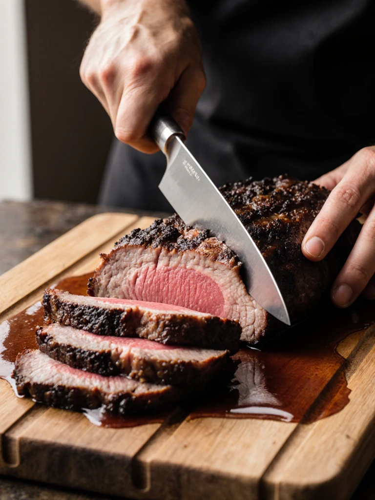 Hand slicing rested smoked brisket against the grain on a wooden board, juices pooling around thick tender slices