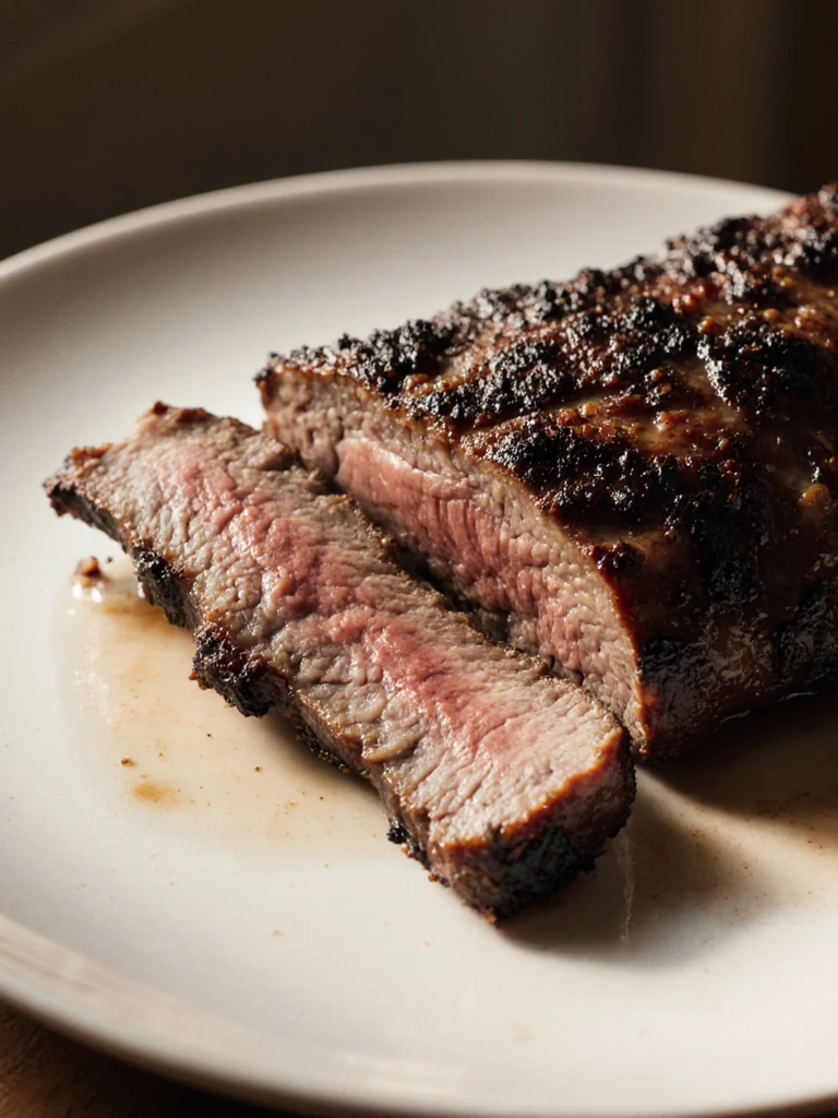 Sliced Texas-style smoked brisket with a dark bark crust on a white ceramic plate, natural light