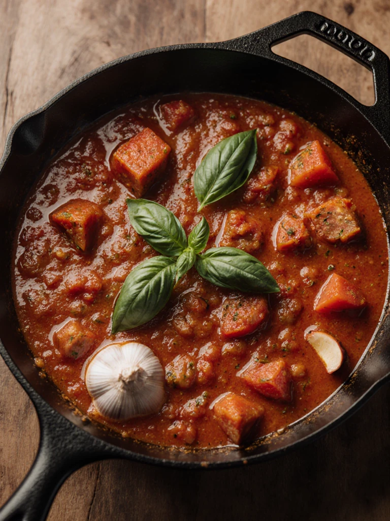 Chunky tomato marinara sauce simmering in a cast iron skillet with garlic, fresh basil, and crushed tomatoes
