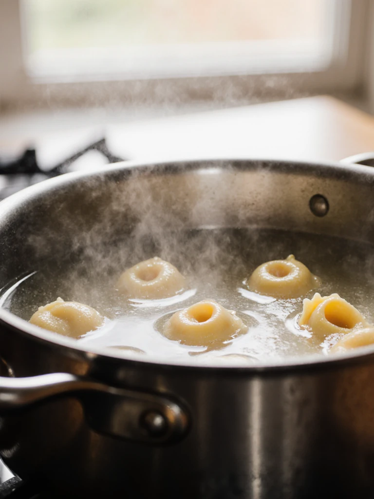 Cheese tortellini cooking in a pot of salted boiling water, steam rising, on a stovetop