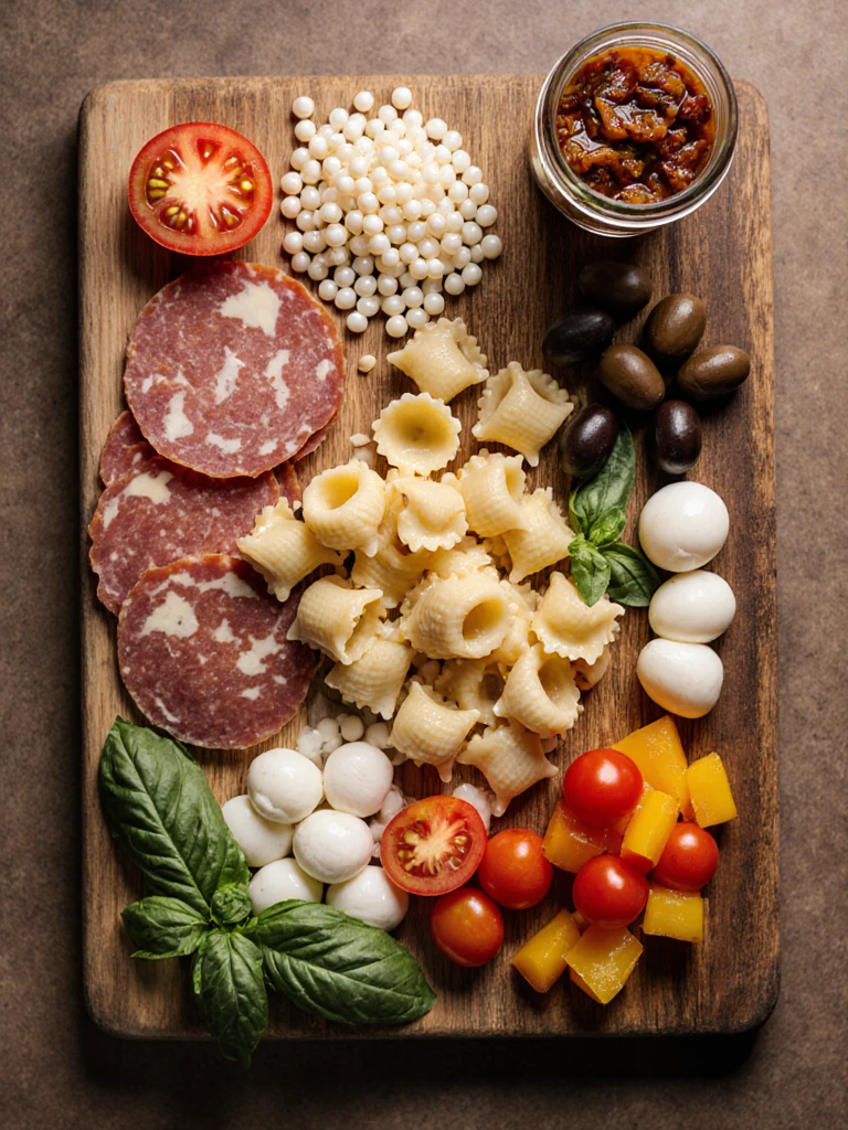 Tortellini pasta salad ingredients arranged on a wooden board with cheese tortellini, salami, cherry tomatoes, mozzarella, and olives
