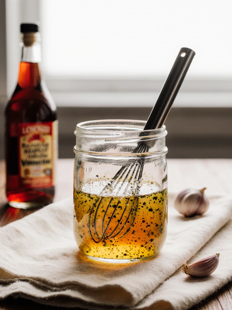 Italian vinaigrette dressing being whisked in a glass jar with olive oil, red wine vinegar, and Italian herbs on a linen cloth