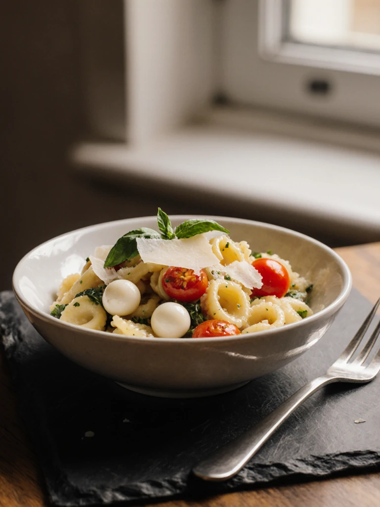 Close-up of tortellini pasta salad in a shallow bowl topped with shaved Parmesan and basil on a dark slate surface with a fork