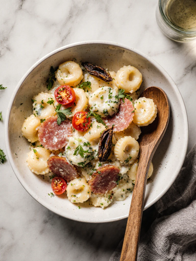 Tortellini pasta salad with cheese tortellini, salami, artichoke hearts, and sun-dried tomatoes in a bowl