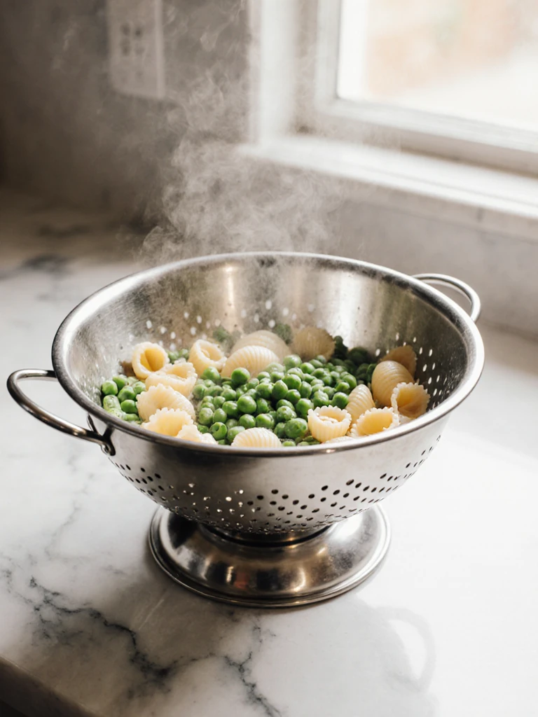 Shell pasta and frozen peas draining together in a colander after cooking, steam fading, on a kitchen countertop
