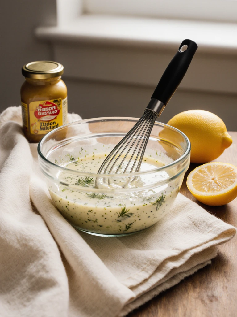 Creamy dill dressing being whisked in a glass bowl with mayonnaise, Greek yogurt, Dijon mustard, and lemon juice on a linen cloth