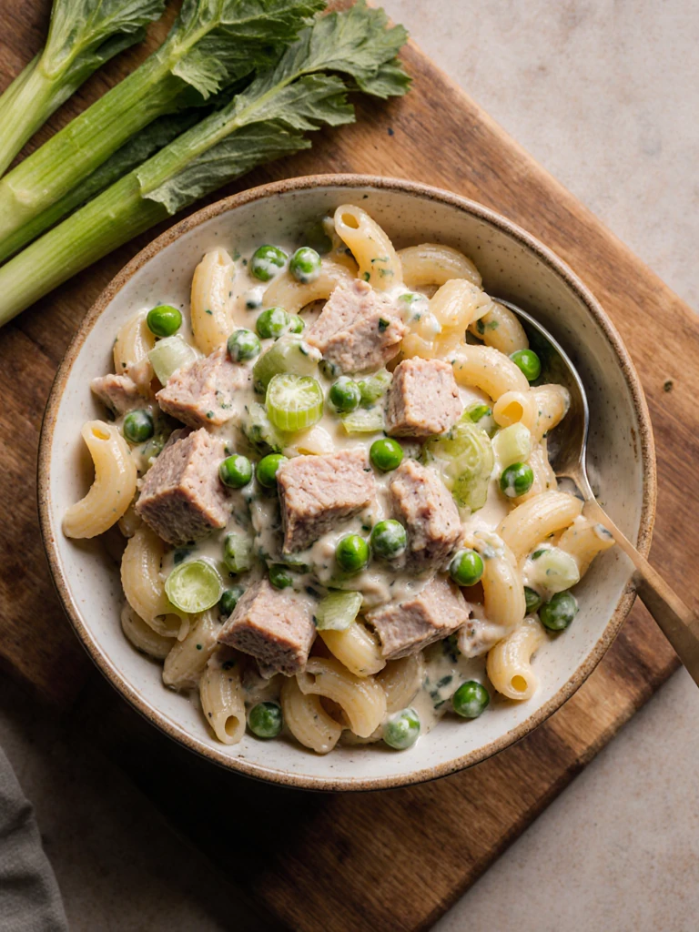 Tuna pasta salad with elbow macaroni, canned tuna, celery, peas, and creamy mayonnaise dressing in a bowl