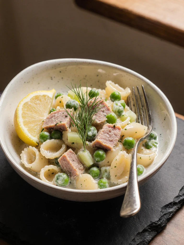 Close-up of tuna pasta salad in a shallow bowl garnished with fresh dill and a lemon wedge on a dark slate surface with a fork