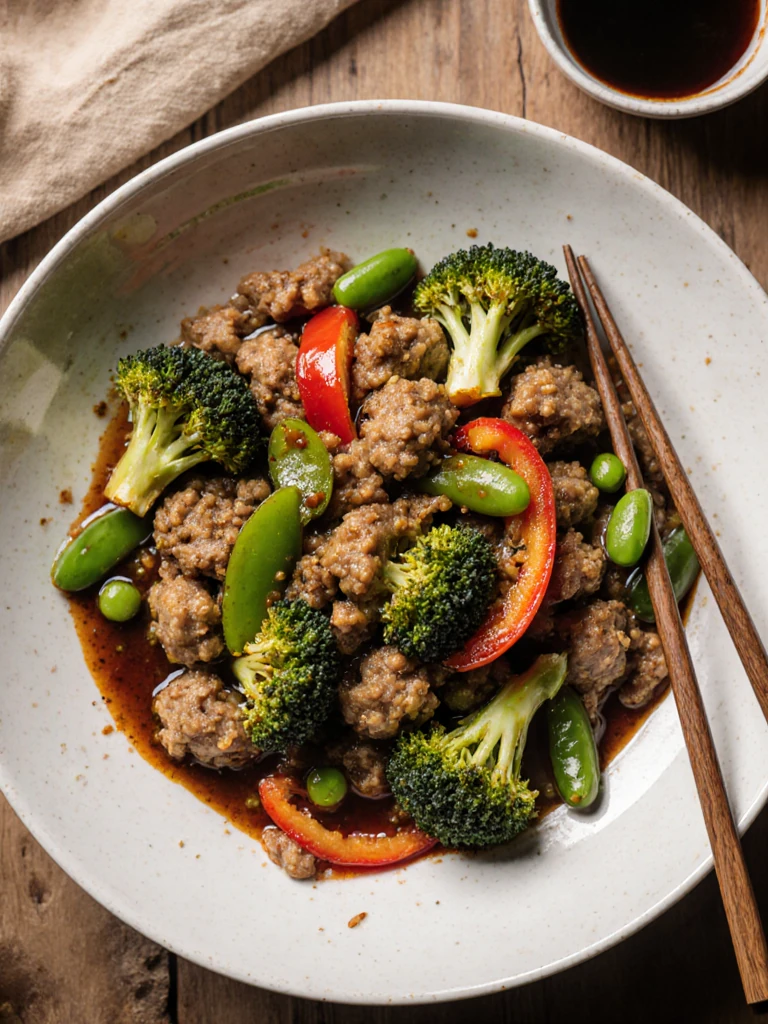 Turkey and vegetable stir-fry with broccoli, snap peas, and bell pepper in a white bowl with chopsticks