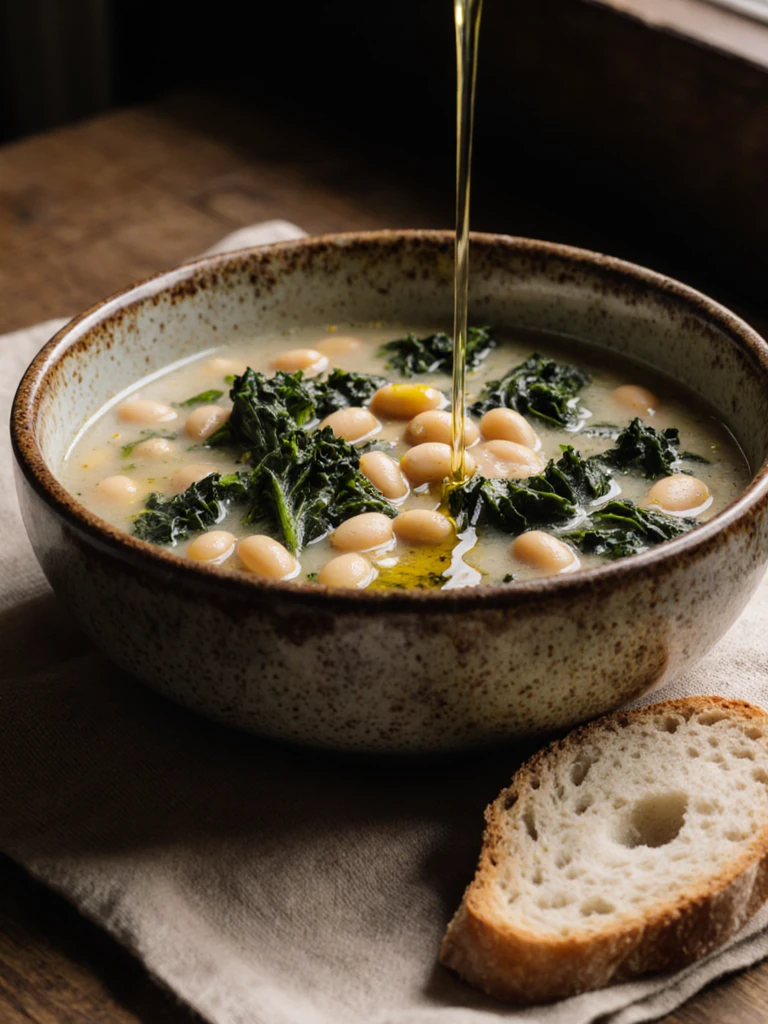 White bean and kale soup in a rustic ceramic bowl with a drizzle of olive oil and crusty bread beside it