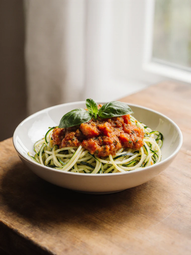 Zucchini noodles with tomato marinara sauce and fresh basil in a white ceramic bowl on a wooden surface