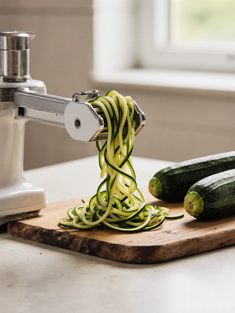 Spiralized zucchini noodles raw on a wooden cutting board with a spiralizer tool and whole zucchini alongside
