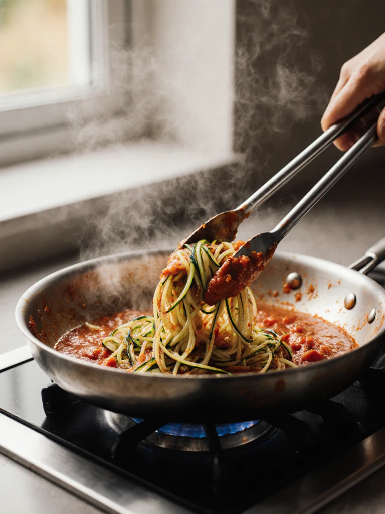 Zucchini noodles being tossed with marinara sauce in a skillet using tongs, steam rising, close-up action shot