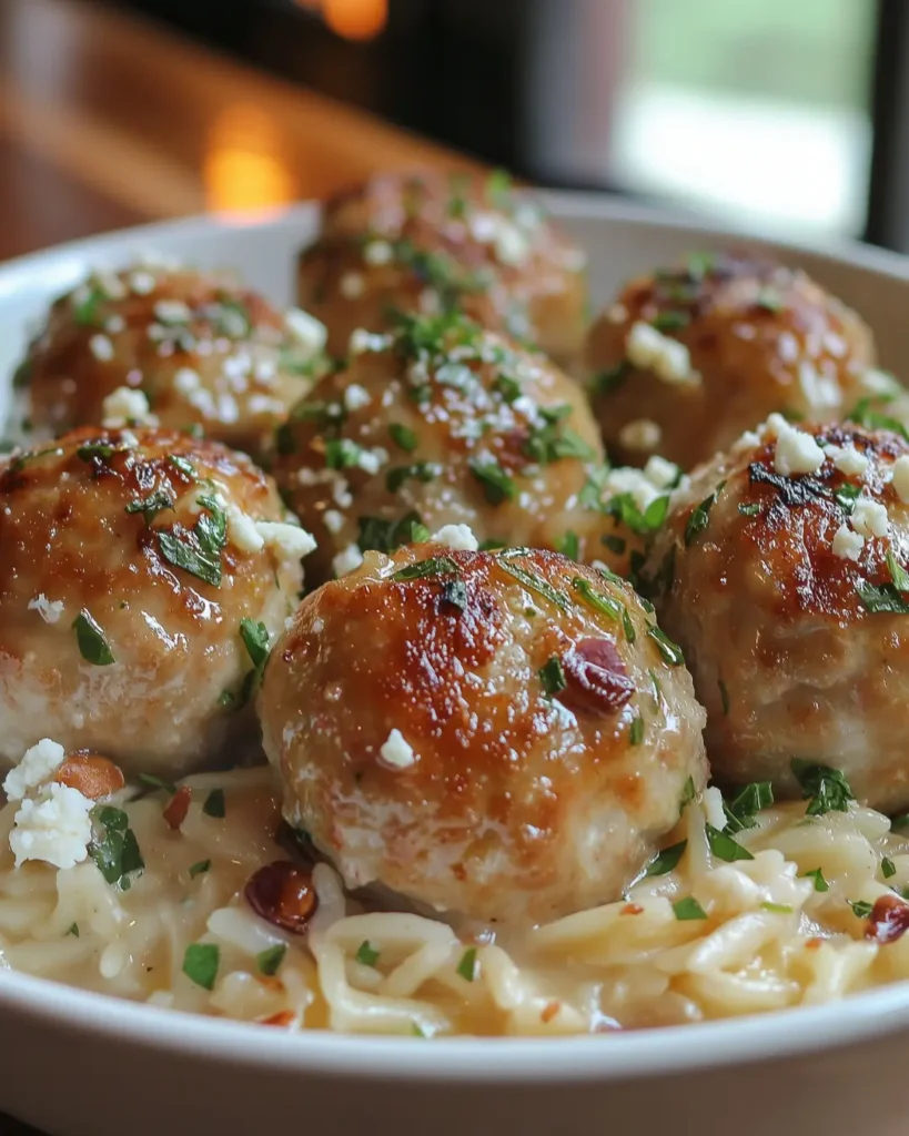 Greek Chicken Meatballs with Lemon Orzo